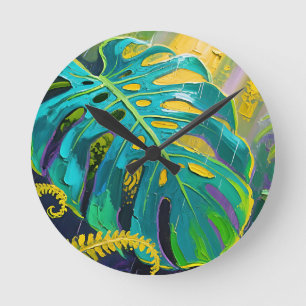 Monstera Blatt Dschungel Regen Runde Wanduhr
