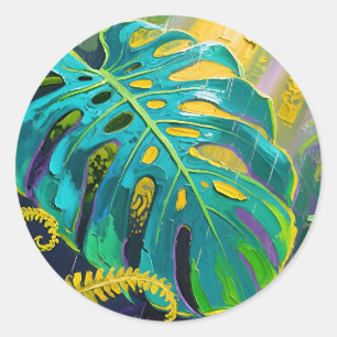Monstera Blatt Dschungel Regen Runder Aufkleber