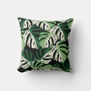Monstera-Blatt Exotisches Schwarz Muster Kissen