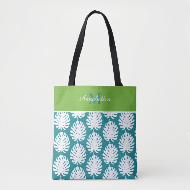 Monstera-Blatt-Grün-Aqua-Weiß-Monogramm-Strandpool (Vorderseite)