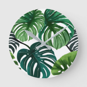 Monstera-Blätter Aquarell Moderne Botanik Runde Wanduhr