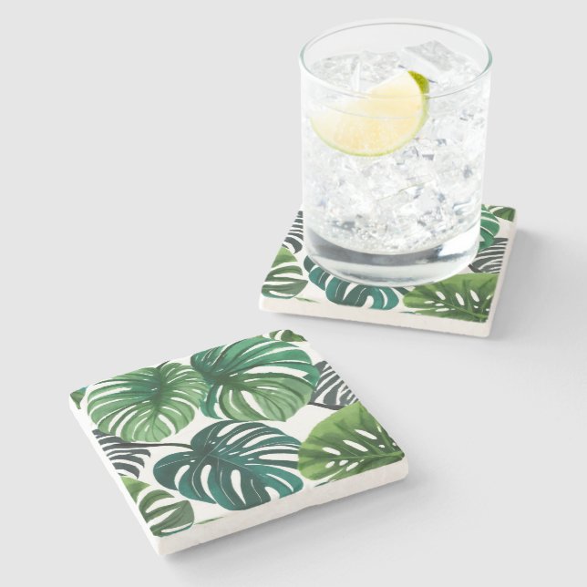 Monstera-Blätter Aquarell Moderne Botanik Steinuntersetzer (Seitenansicht)
