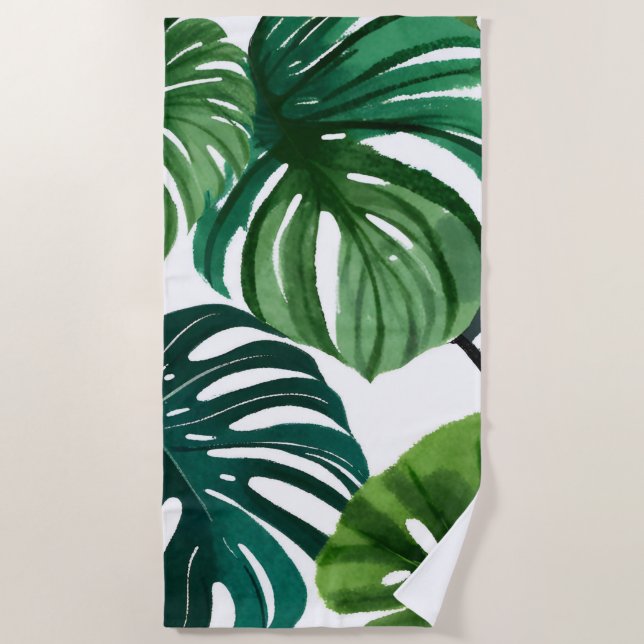 Monstera-Blätter Aquarell Moderne Botanik Strandtuch (Vorderseite)