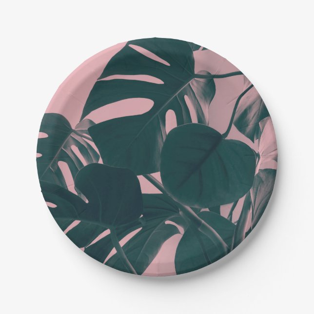 Monstera Blätter auf Rosa Pappteller (Vorderseite)