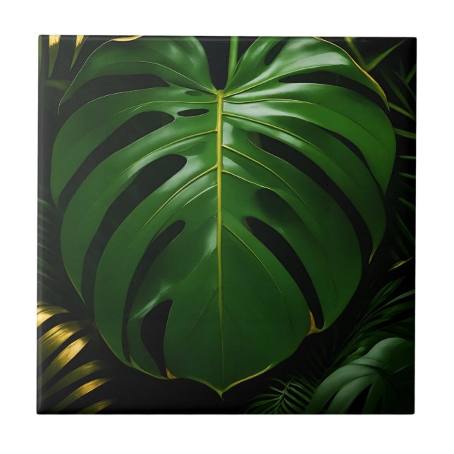 Monstera Blätter Gold Jungle Glamour Fliese (Vorderseite)