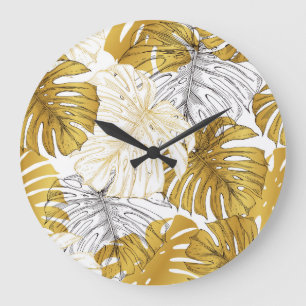 Monstera Blätter: Golden White Große Wanduhr