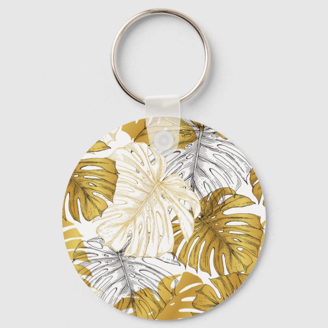 Monstera Blätter: Golden White Schlüsselanhänger (Vorderseite)