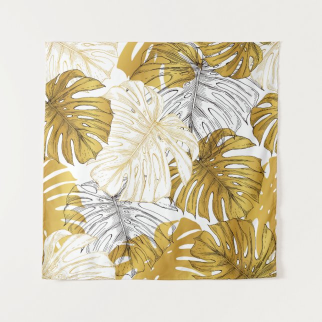 Monstera Blätter: Golden White Wandteppich (Vorderseite)