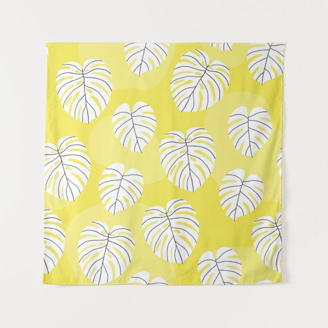 Monstera Blätter, hellgelber Hintergrund. Wandteppich (Vorderseite)