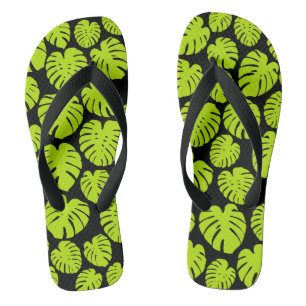 Monstera-Blätter in Lime Green und Schwarz Flip Flops