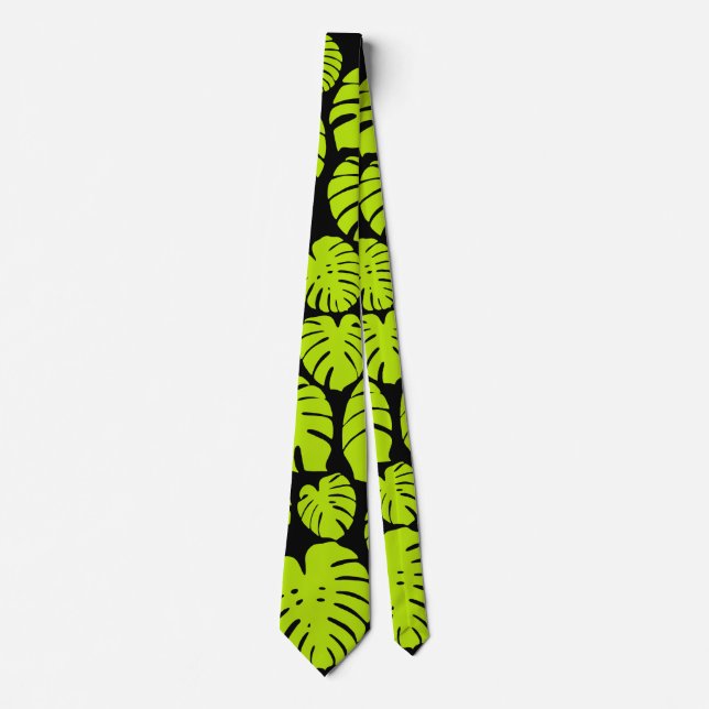 Monstera-Blätter in Lime Green und Schwarz Krawatte (Vorderseite)