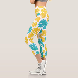 Monstera-Blätter in Türkis, Gelb und Weiß Capri Leggings