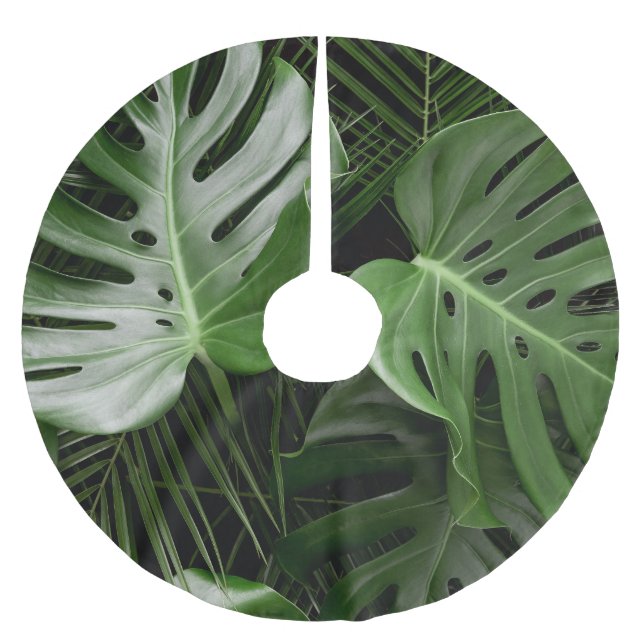 Monstera Blätter, luxuriöse tropische Anordnung. Polyester Weihnachtsbaumdecke (Vorderseite)
