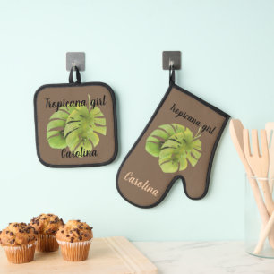 Monstera-Blätter Ofenhandschuh & Topflappen-Set