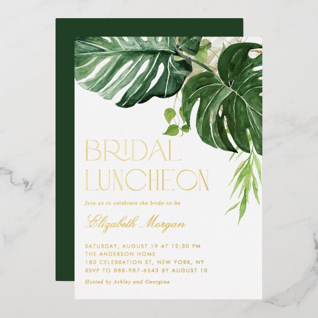 Monstera Blätter Sommer-Bridal Luncheon Folieneinladung (Vorderseite/Rückseite)