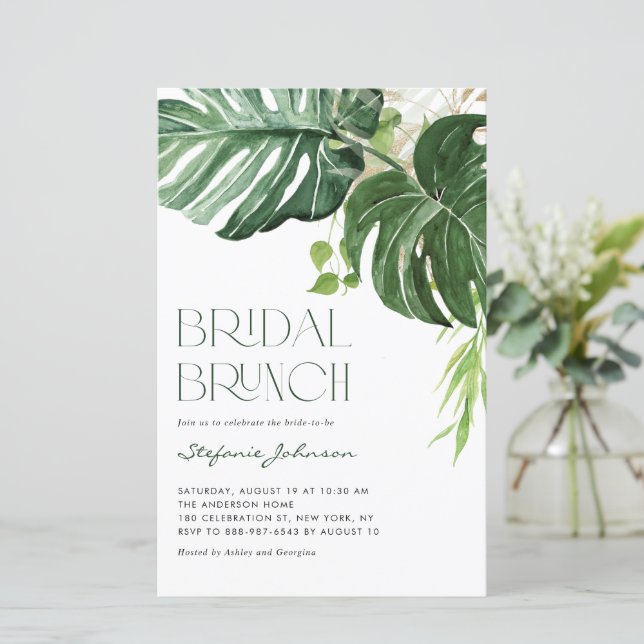 Monstera Blätter Summer Bridal Brunch Einladung (Stehend Vorderseite)