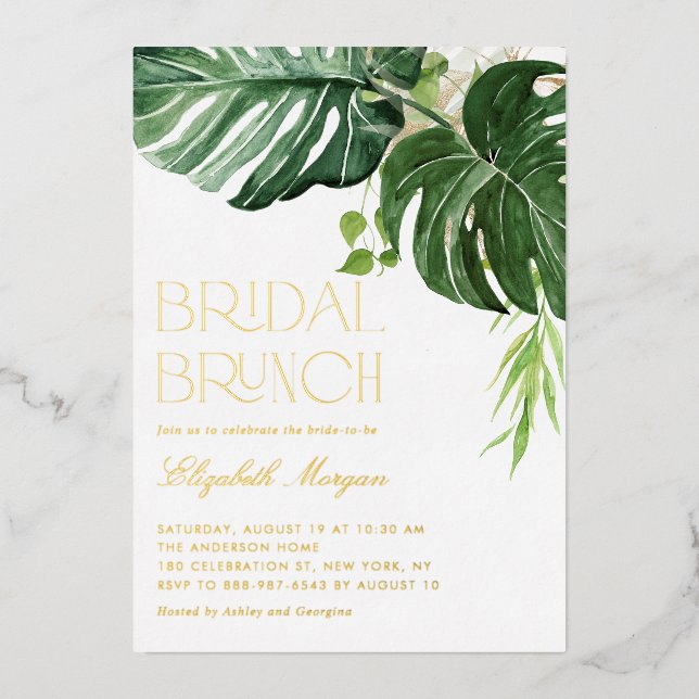 Monstera Blätter Tropical Bridal Brunch Folieneinladung (Vorderseite)
