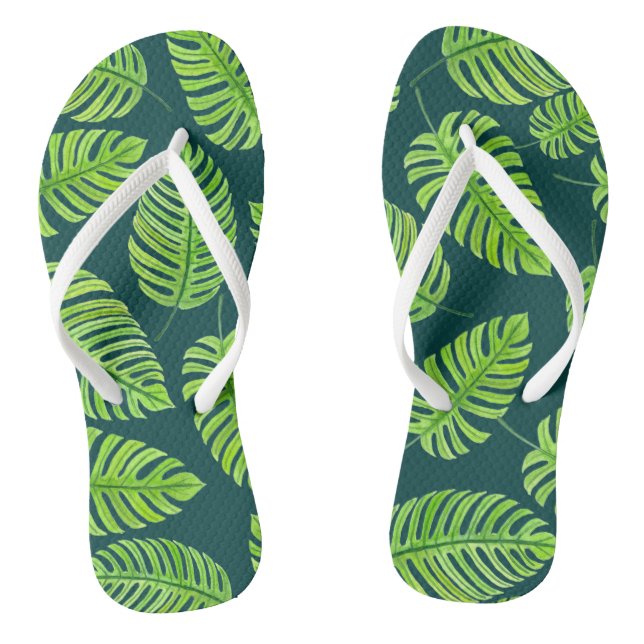 Monstera-Blätter, tropisches Aquarellmuster Flip Flops (Fußbett)