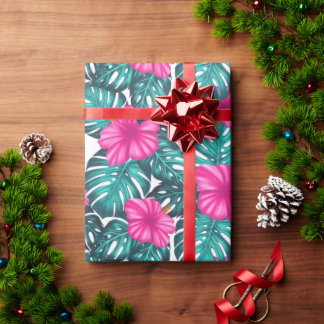 Monstera Blätter und Hibiskus, Aquamarin Rosa auf Geschenkpapier