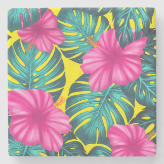 Monstera Blätter und Hibiskus, Aquamarin rosa auf  Steinuntersetzer