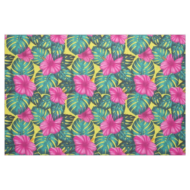 Monstera Blätter und Hibiskus, Aquamarin rosa auf  Stoff (Fat Quarter (45,7 x 55,9 cm))