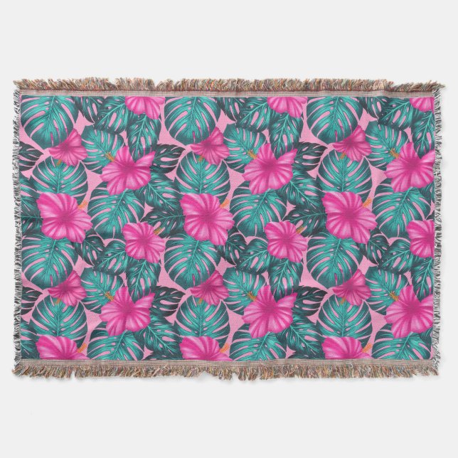 Monstera Blätter und Hibiskus Aquamarin und rosa a Decke (Vorderseite)