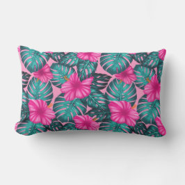 Monstera Blätter und Hibiskus Aquamarin und rosa a Lendenkissen