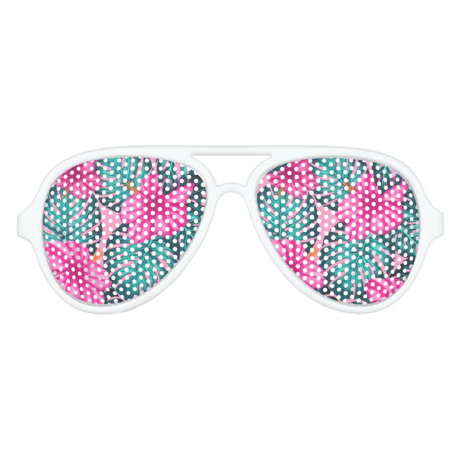 Monstera Blätter und Hibiskus Aquamarin und rosa a Partybrille (Vorderseite)
