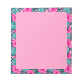 Monstera Blätter und Hibiskus, Aquamarin und rosa Notizblock