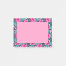 Monstera Blätter und Hibiskus, Aquamarin und rosa