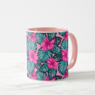 Monstera Blätter und Hibiskus, Aquamarin und rosa Tasse