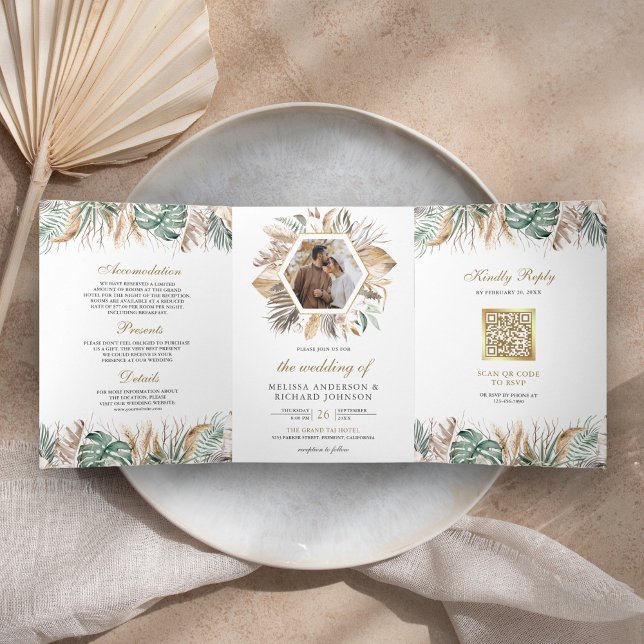 Monstera Boho Pampas All in One QR Code Wedding Dreifach Gefaltete Einladung (Von Creator hochgeladen)
