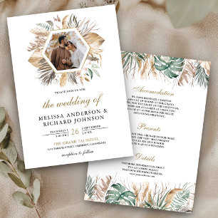 Monstera Boho Pampas Alles in Einem Foto Hochzeit Einladung
