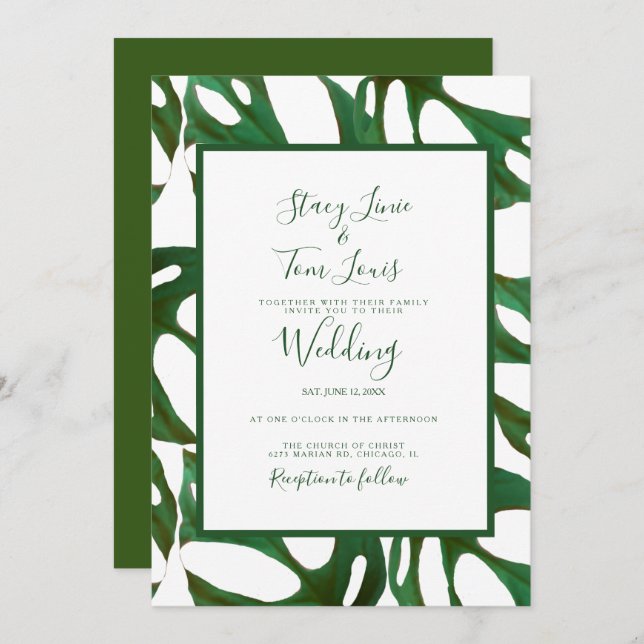 Monstera Botanical Leaf Green White Wedding Einladung (Vorne/Hinten)