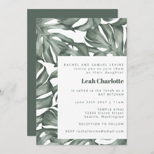 Monstera Botanical Watercolor Green Bat Mitzvah Einladung