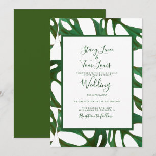 Monstera Botanisches Blatt Grün Weiße Hochzeit  Einladung