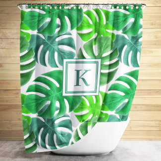 Monstera Deliciosa Pflanze Blätter Muster Monogram Duschvorhang