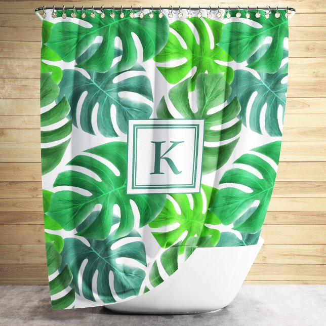 Monstera Deliciosa Pflanze Blätter Muster Monogram Duschvorhang (Modern Green Palm Leaves Shower Curtain.)
