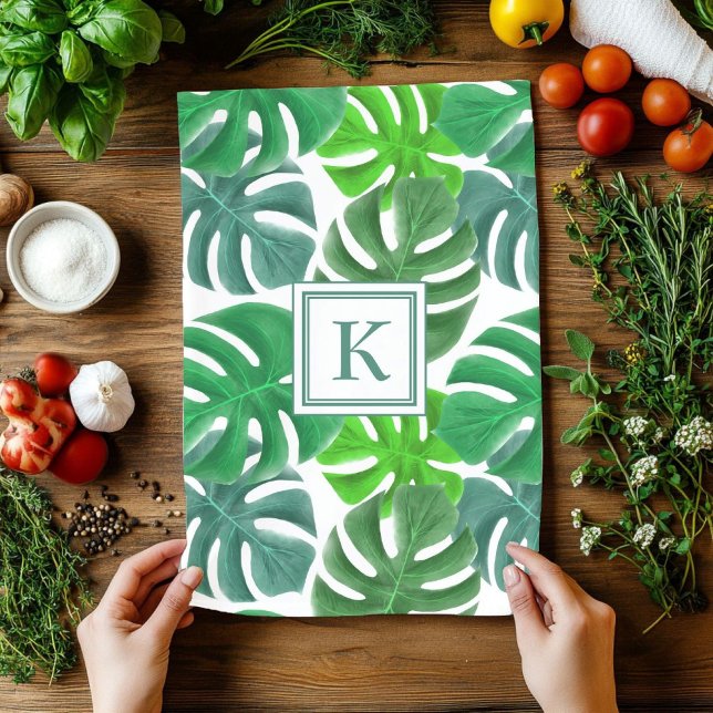 Monstera Deliciosa Verlasse Mit Monogramm Muster Geschirrtuch (Monstera Deliciosa Leaves Monogrammed Pattern Kitchen Towel)