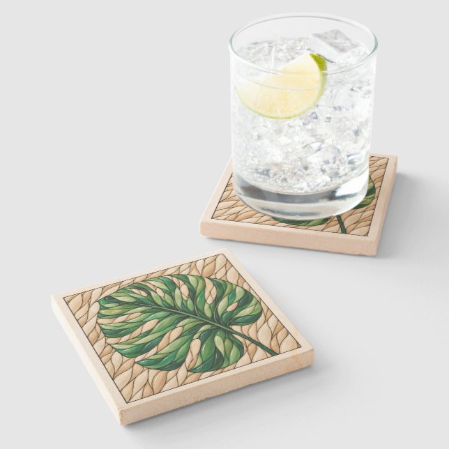 Monstera-Fenster Steinuntersetzer (Seitenansicht)