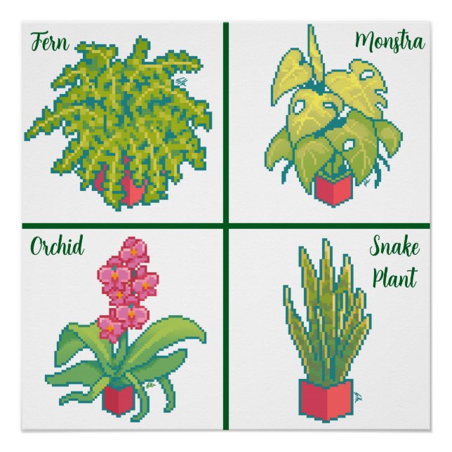 Monstera, Fern, Orchid, snake plant. Pixel art Poster (Vorderseite)