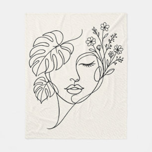 Monstera Florales Gesicht Linienkunst Fleecedecke