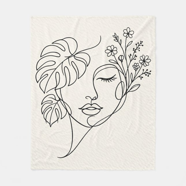 Monstera Florales Gesicht Linienkunst Fleecedecke (Vorderseite)