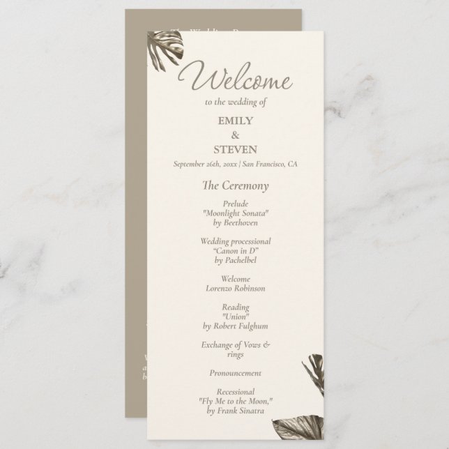 Monstera Gold Wedding Program Card Programm (Vorne/Hinten)