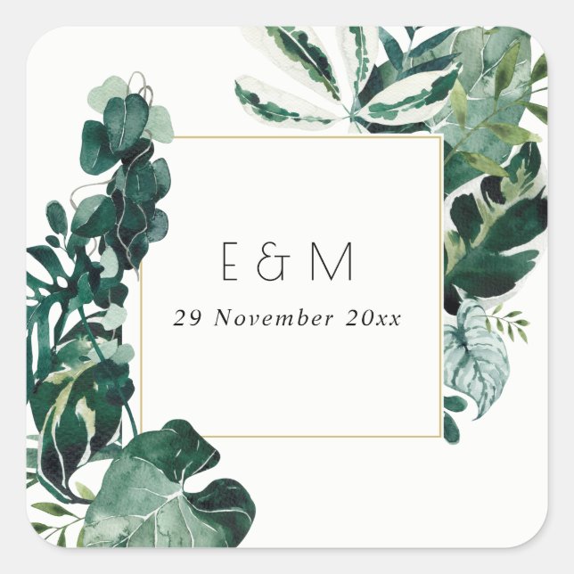 Monstera Green Foliage Monogram Wedding Quadratischer Aufkleber (Vorderseite)