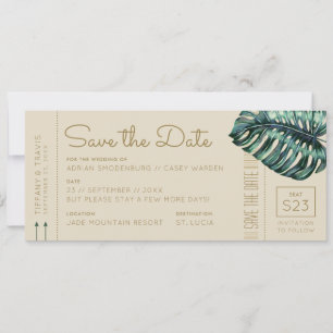 Monstera Green und Tan Boarding Pass Save the Date Ankündigung