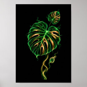 Monstera Grün und Gold – Poster Pflanze im Rauch, 