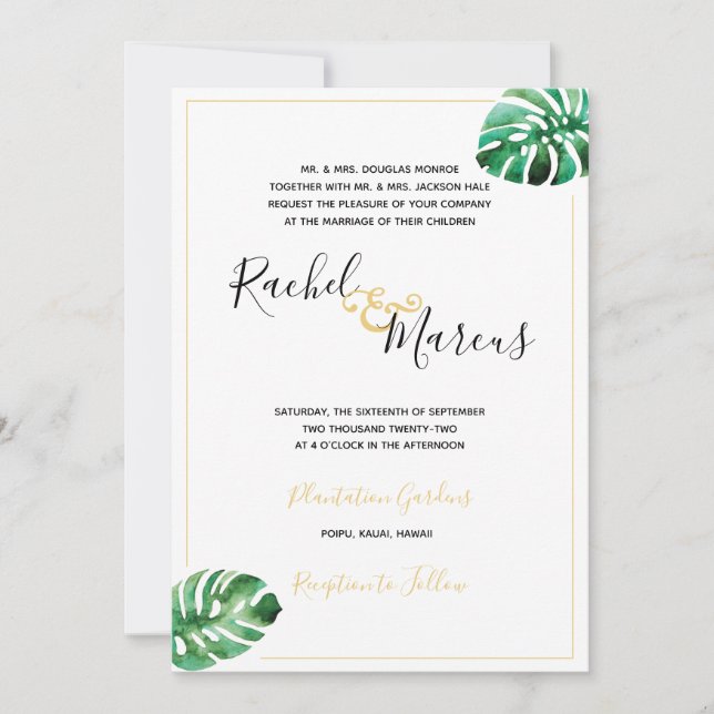Monstera Leaf Einladung zur Hochzeit (Vorderseite)