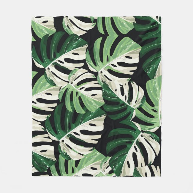 Monstera Leaf Exotic Black Pattern Fleecedecke (Vorderseite)
