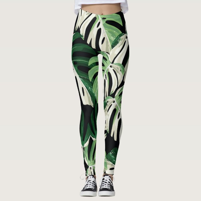 Monstera Leaf Exotic Black Pattern Leggings (Vorderseite)
